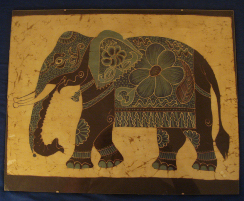 Batik Elefant, Ceylon - Sri Lanka, Glasrahmen gerahmt